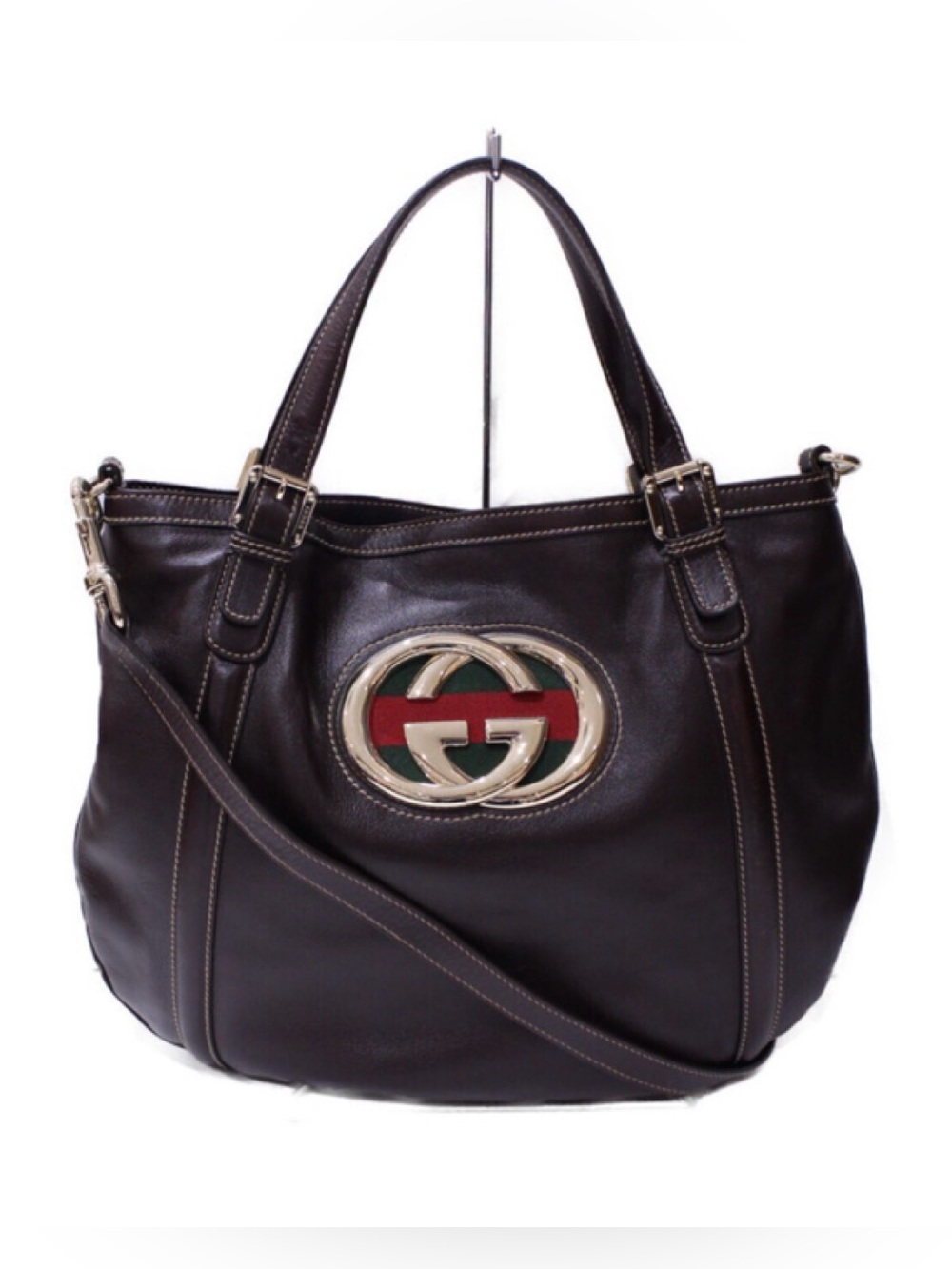 Gucci double GG Britt bag Brown Leather Shoulder Bag with Green and Red Web